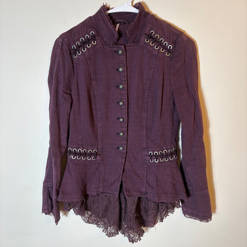 Free People Military Lace Peplum Jacket Purple Aubergine Size XS‎